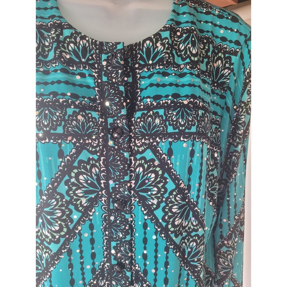 Bob Mackie Blouse Green/Black Sparkle Loose Fit New Sz M - Picture 2 of 10